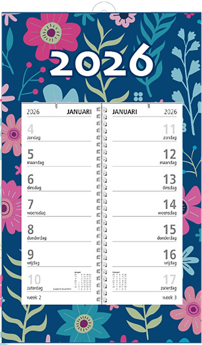 MGPcards - Omlegweekkalender 2026 - Week begint op zondag - 21 x 34 cm - Flowers - Donker blauw