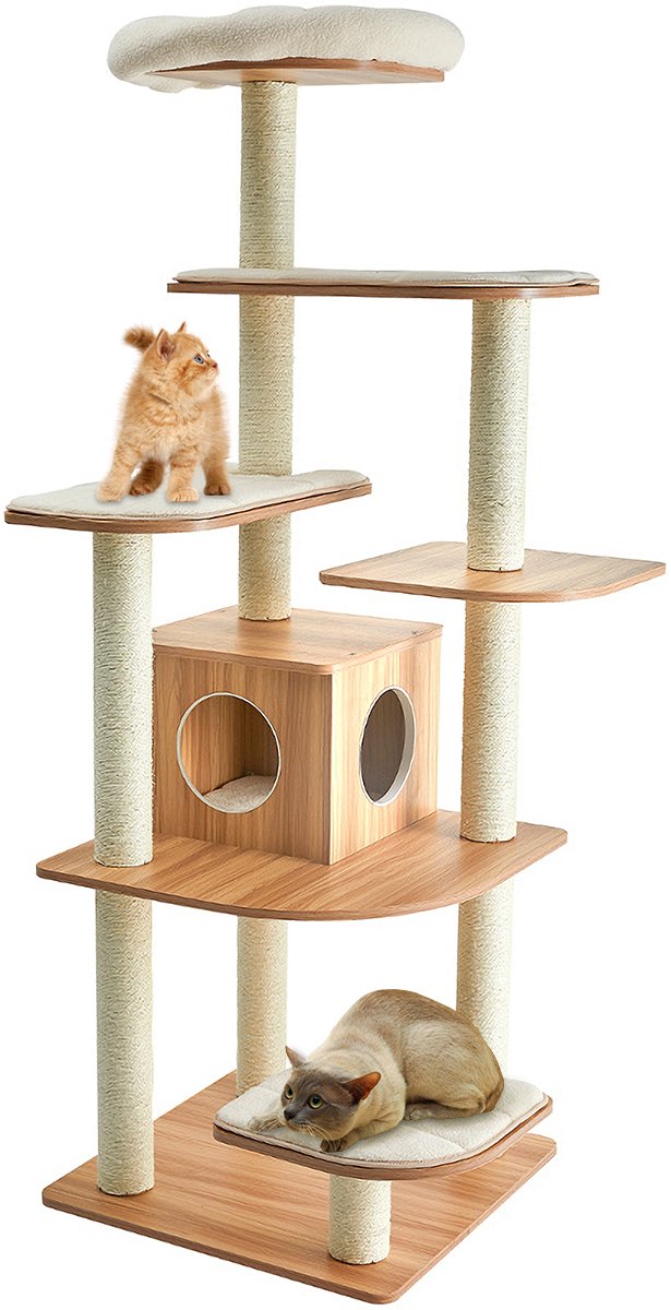 COSTWAY Krabpaal en klimboom voor katten, 175 cm kattenkrabpaal, meerlaags platform kattenboom met hoogwaardige krasbestendige sisal touw kolom, kitten activiteit boom met ruim huis & nest