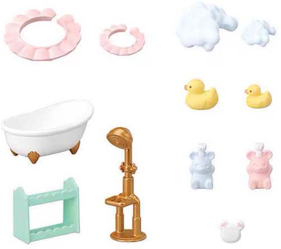 Badkameraccessoires: bad, douche, rekje, badjes, zeepjes en badeendjes.