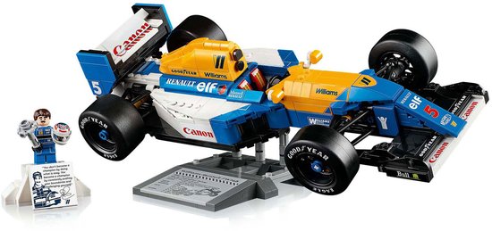 LEGO Williams FW14B Formule 1 auto met gele en blauwe accenten, witte body, op displaystandaard met Nigel Mansell minifiguur.
