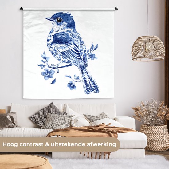 Wandkleed 150x150 cm - Wanddoek Vogel - Delfts blauw - Illustratie - Bloemen - Wandtapijt - Wandkleden