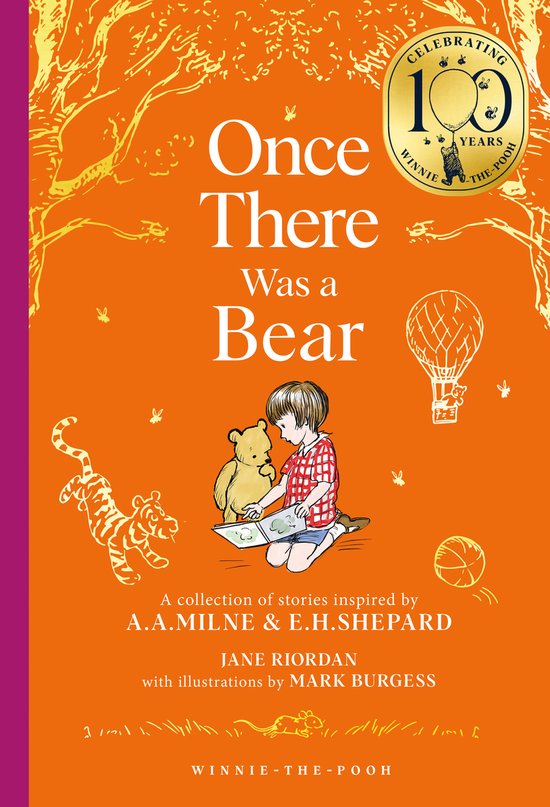 Boekkaft met de titel 'Once There Was a Bear', een illustratie van Christopher Robin die een boek leest met Winnie de Poeh, en Tigger met een luchtballon.