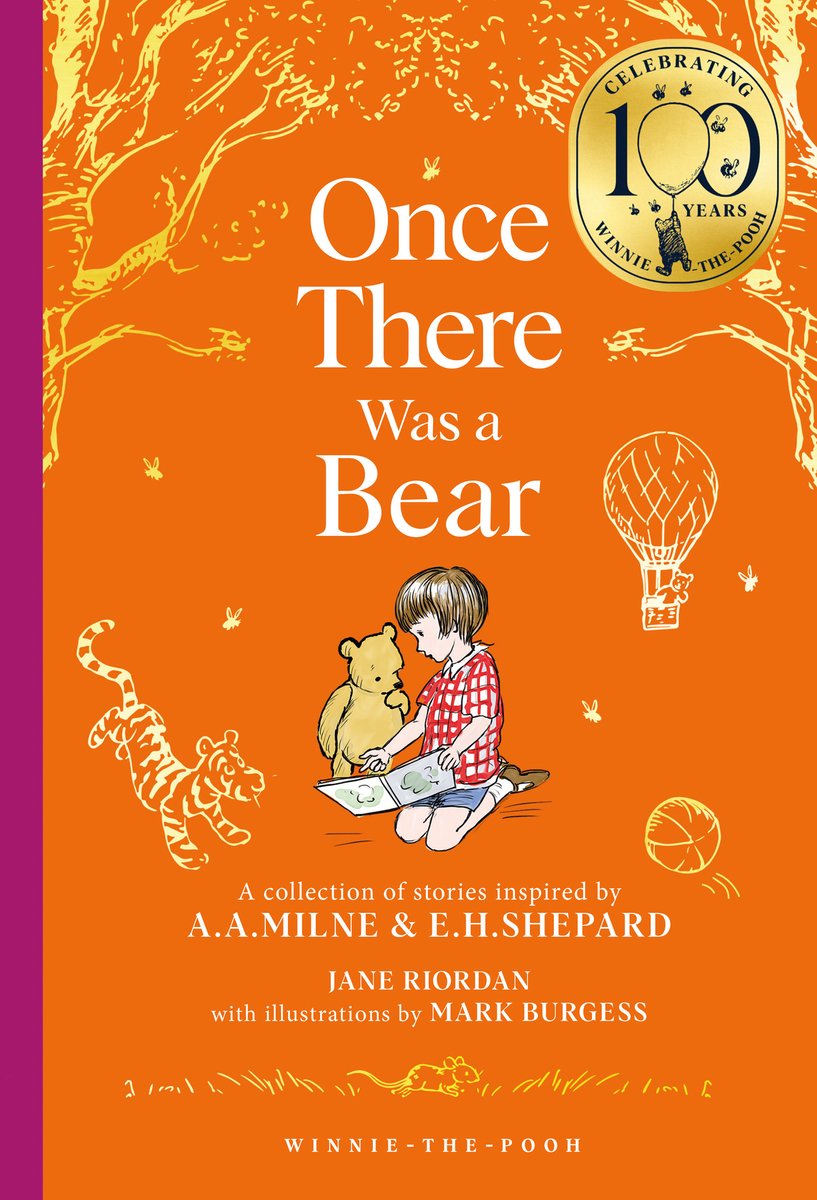 Boekkaft met de titel 'Once There Was a Bear', een illustratie van Christopher Robin die een boek leest met Winnie de Poeh, en Tigger met een luchtballon.