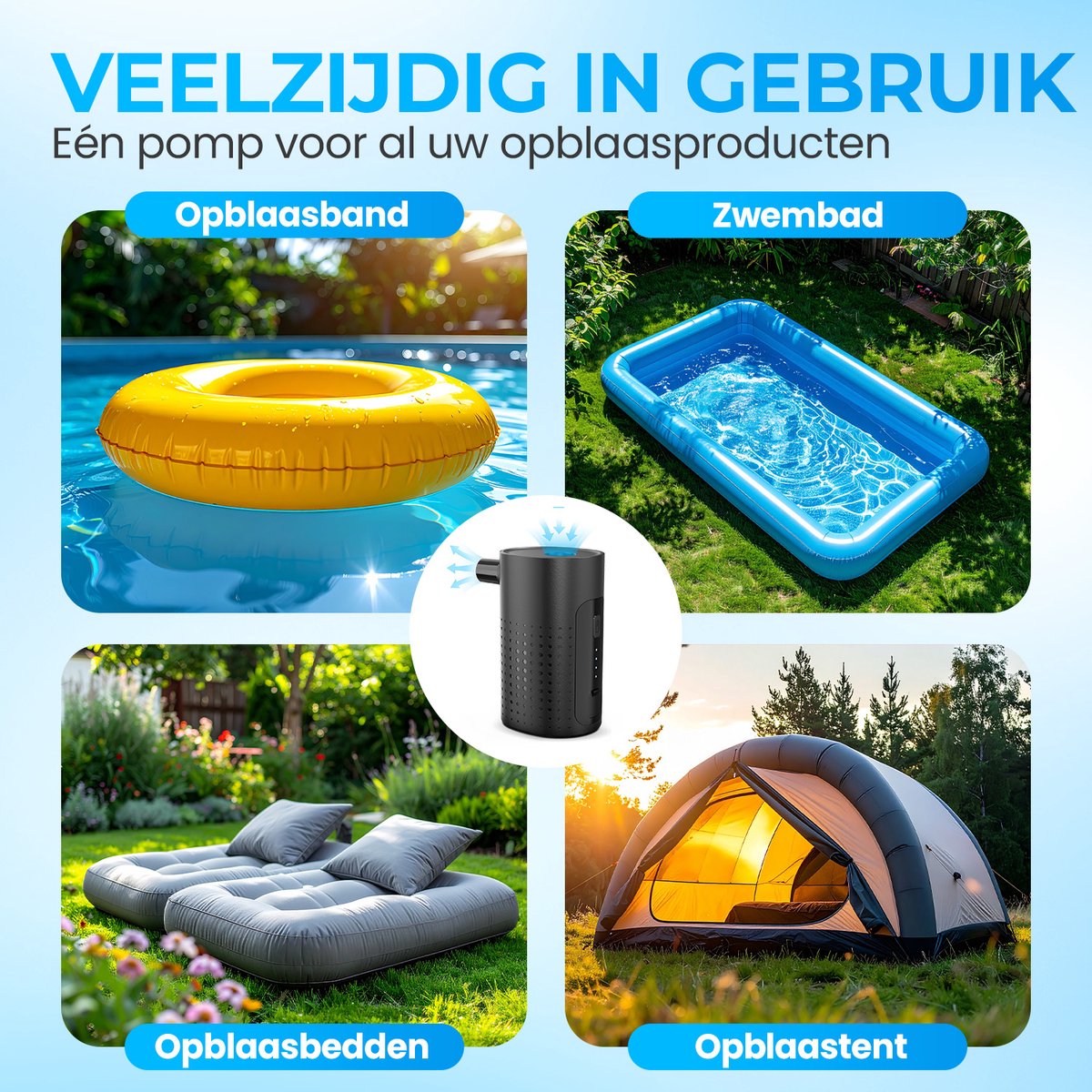Regal Tech® Elektrische pomp luchtbed/zwembad- Luchtbedpomp - Opblaaspomp - 4000 mAH accu - 300 liter/Min — afbeelding 6