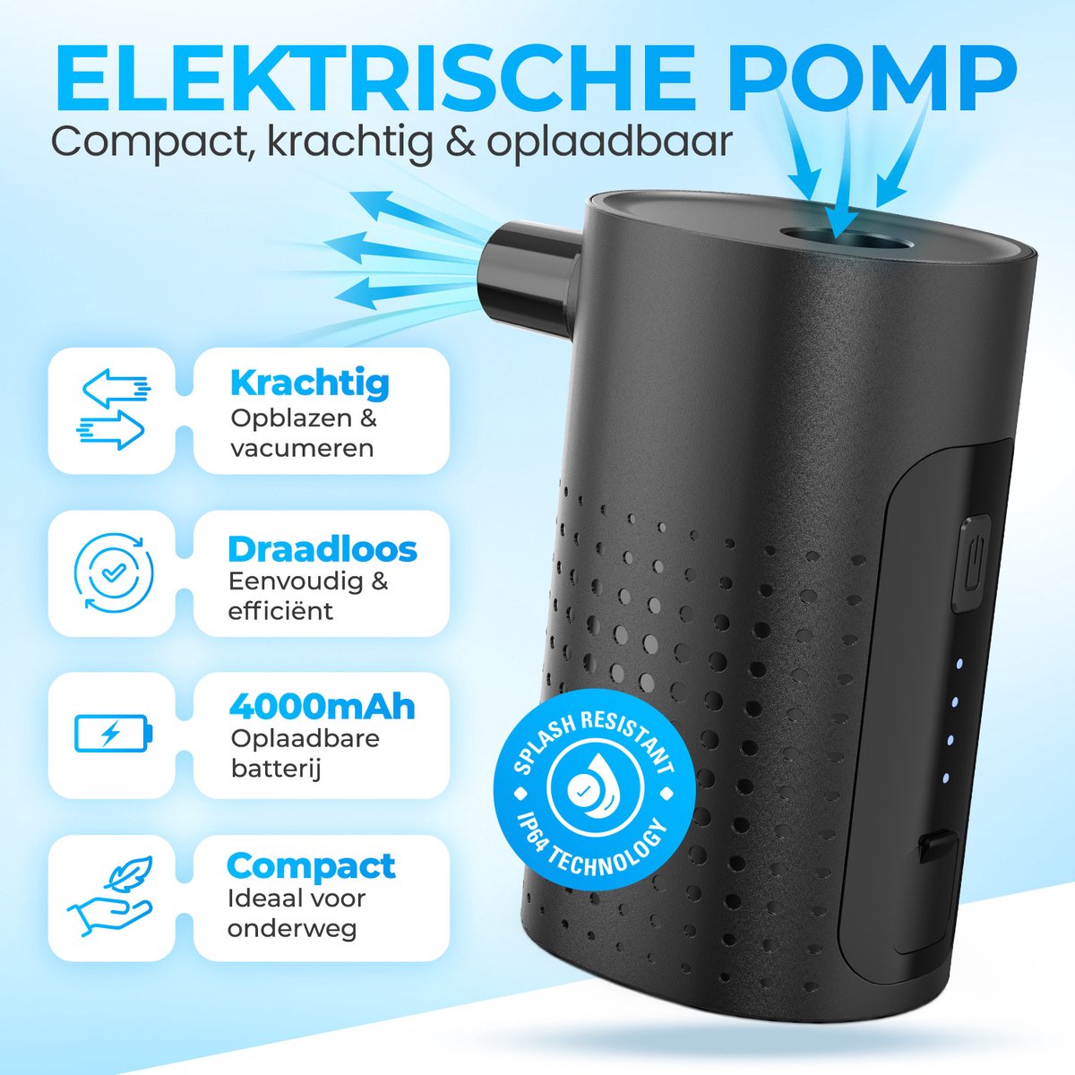 Regal Tech® Elektrische pomp luchtbed/zwembad- Luchtbedpomp - Opblaaspomp - 4000 mAH accu - 300 liter/Min — afbeelding 10