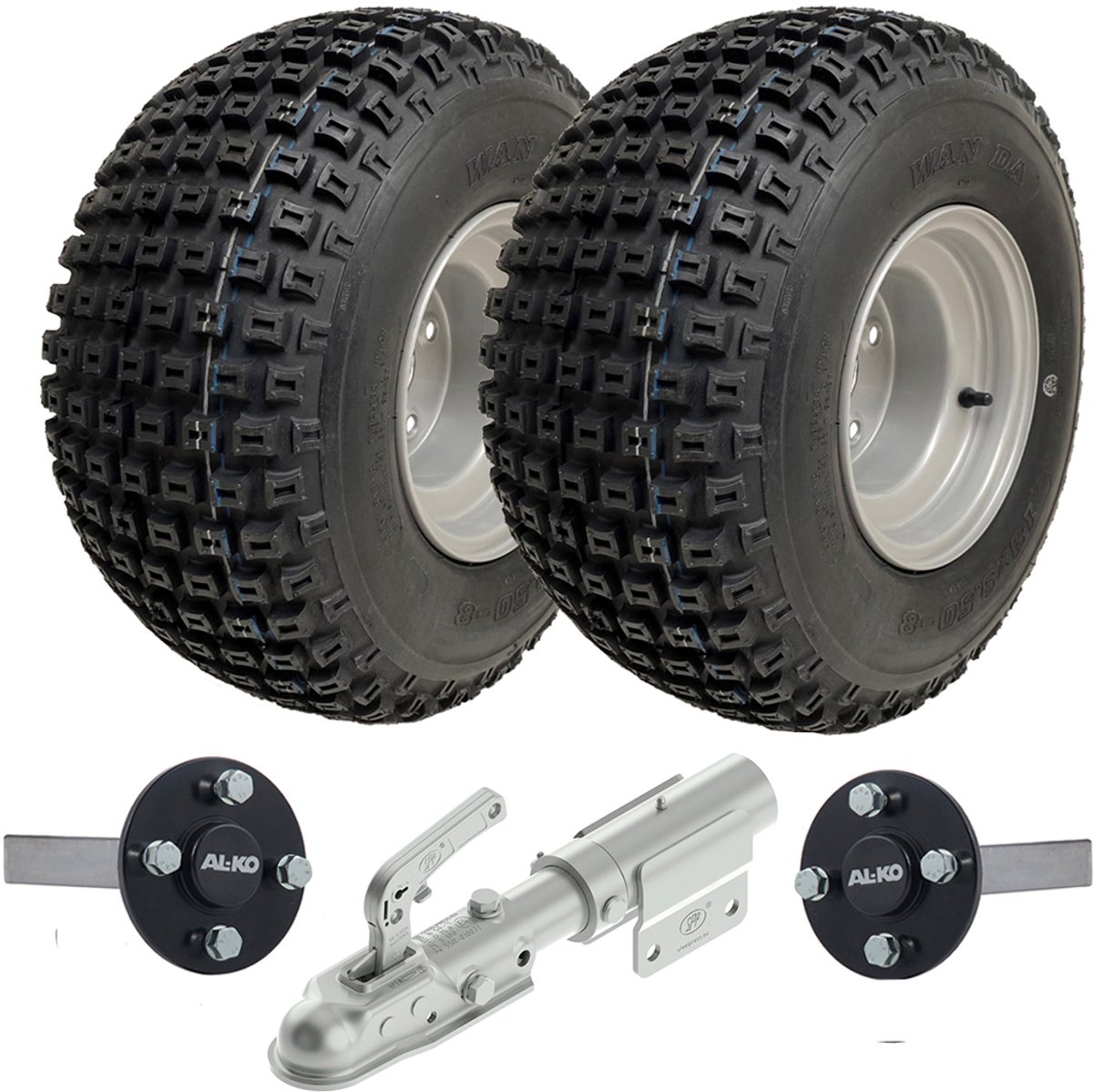 18x9,50-8 ATV/quad-aanhangwagenkit met noppenbanden, naaf en kortassen, draaibare koppeling, 204 kg