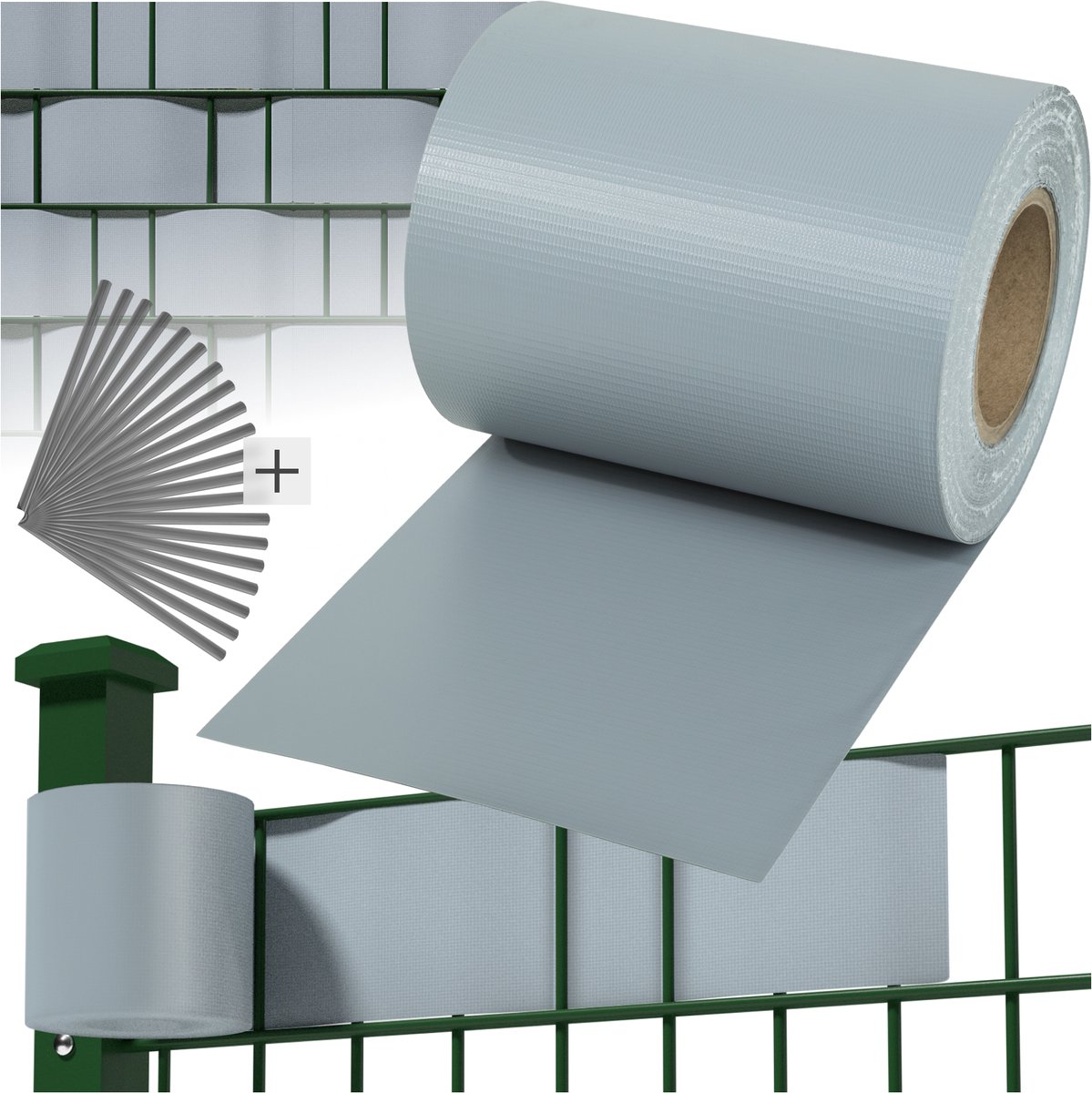tectake® Tuinscherm - 35 meter Vlechtwand - 19 cm hoog - Balkonscherm - Privacyscherm - 450 g/m² Weerbestendig PVC - Dubbelzijdig Bedrukt - Folie voor Hekwerk en Tuin - Zichtdoek - Zichtbreeknet - Inclusief 20 Bevestigingsclips - Grijs