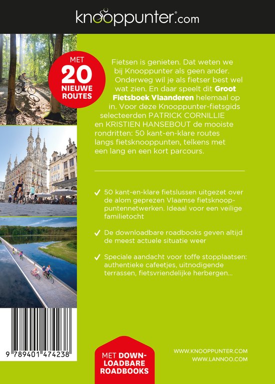 Achterkant van het "Groot Fietsboek Vlaanderen". Bevat foto's van fietsers en architectuur, en tekst over fietsroutes.