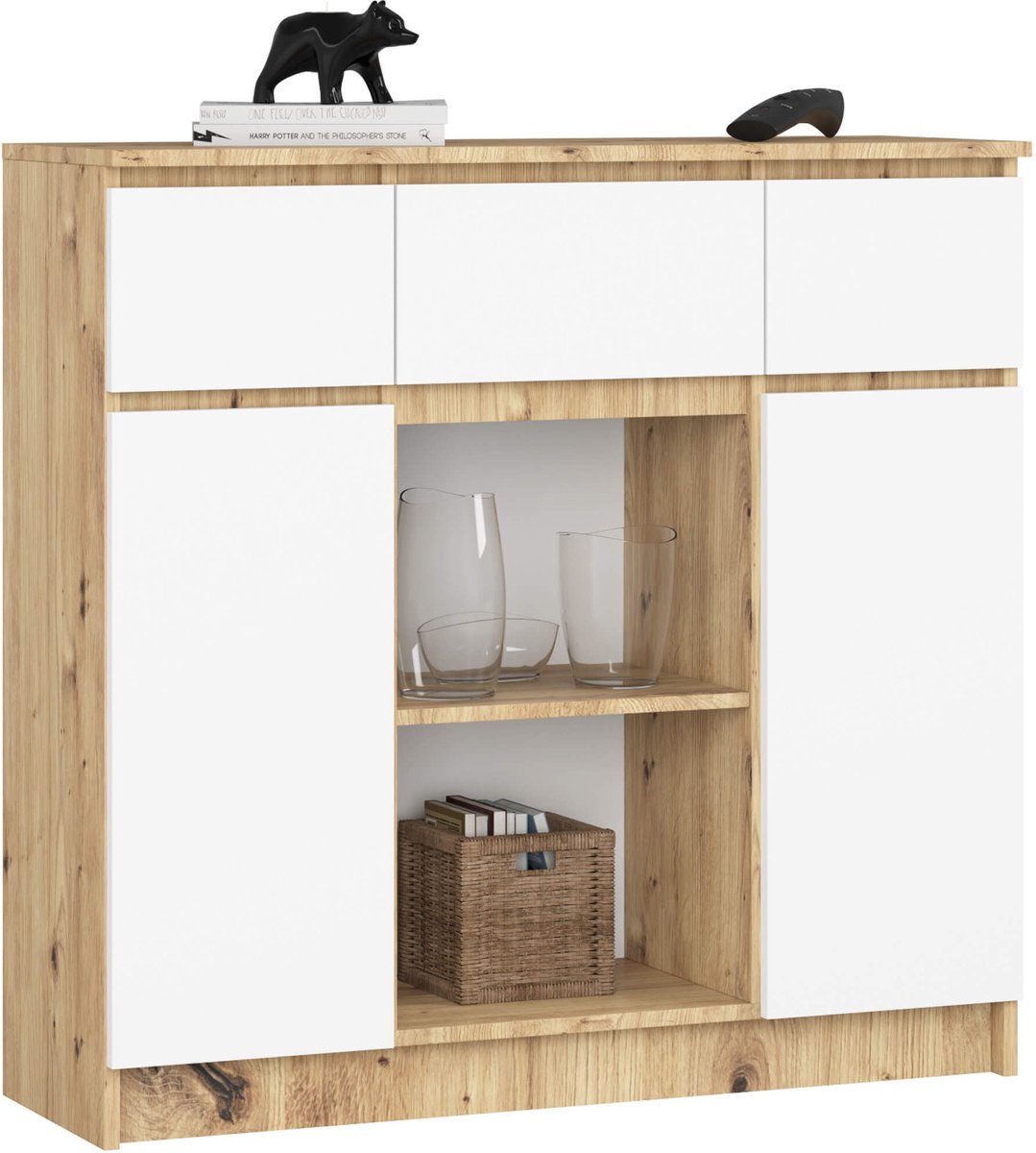 Akord Ladekast K100 met 3 Lades, 2 Deuren en 1 Plank / AKORD Furniture Factory / Artisan Eik - Wit / 101 x 98 x 35 cm