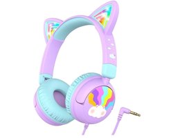 StayPowered Kinderheadset - Veilig, Stijlvol en Speels met Led-Verlichte Kattenoren! - Comfortabel en Verstelbaar - Compact Design - Inklapbaar - Zachte Oorkussens - 3.5mm Jack - Brede Compatibiliteit - Blauw/Paars - Levering Sneller dan Aangegeven!