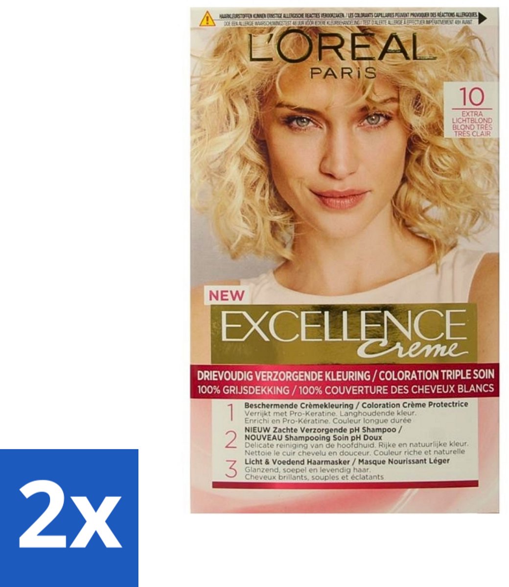 L'Oréal Excellence Crème Permanente Crèmekleuring 10 Extra Lichtblond - Voordeelverpakking - 2 stuks