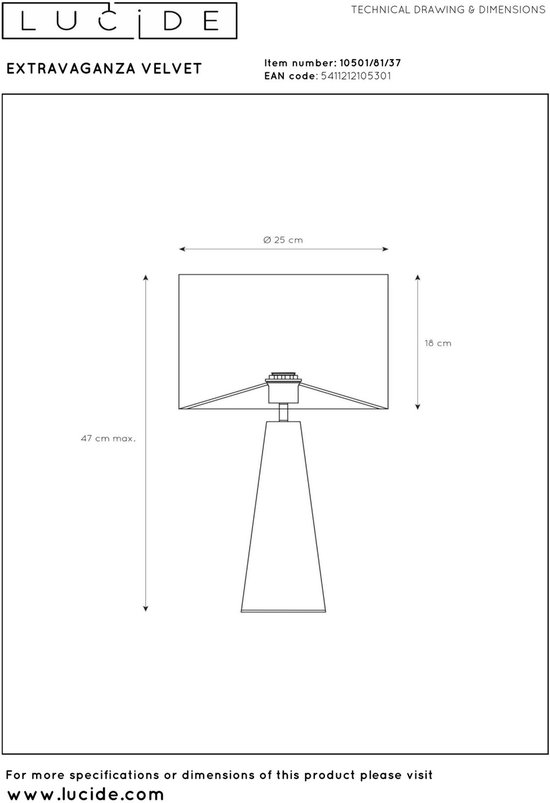 Technische tekening van de turkooizen fluwelen tafellamp met afmetingen: Ø 25 cm, hoogte 47 cm max., kaphoogte 18 cm.