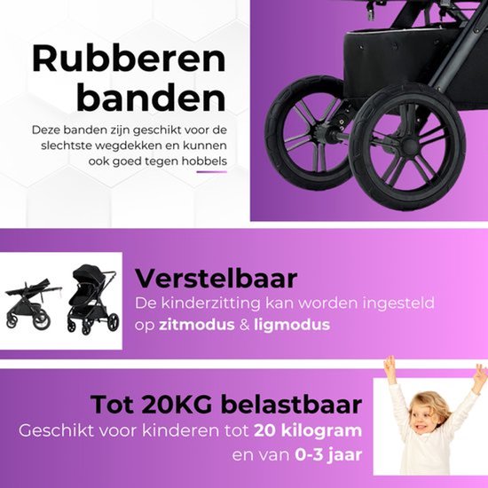 Zwarte kinderwagen met rubberen banden en verstelbare kinderzitting tot 20kg.