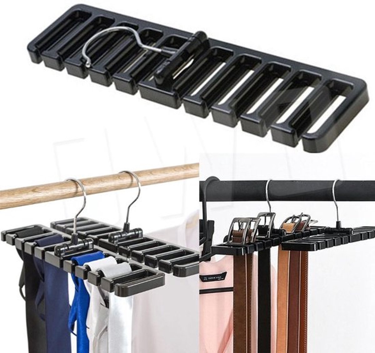 Flexigood® - Riemhouder en stropdashouder, 10 sleuven, voor stropdas, riem, sjaal en halsdoek van stevig kunststof, voor kledingkast, ruimtebesparend, riemhanger met metalen haken, zwart