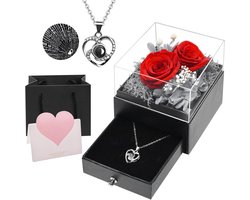 Real Preserved Rose with Heart Necklace Eternal Rose Gift Box for Mom Women Stabilized Flowers for Valentine's Day Mother's Day Christmas Birthday Anniversary Red
