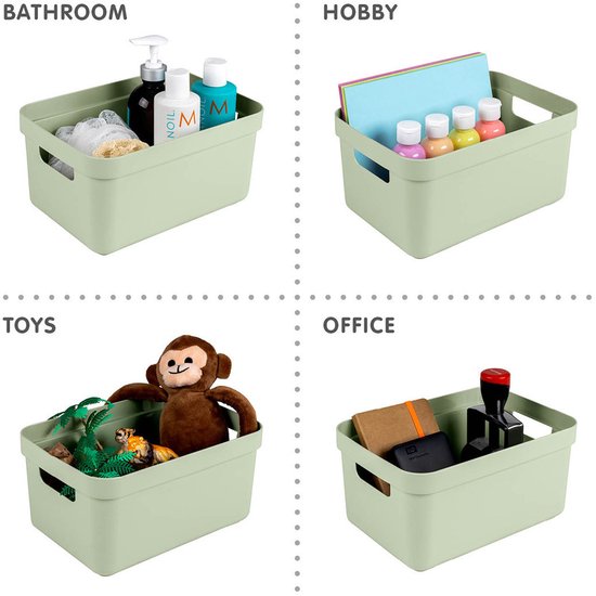 4x pièces de boîtes de rangement/paniers de rangement vert clair de 5 litres en plastique avec couvercle transparent 25 x 18 x 12 cm