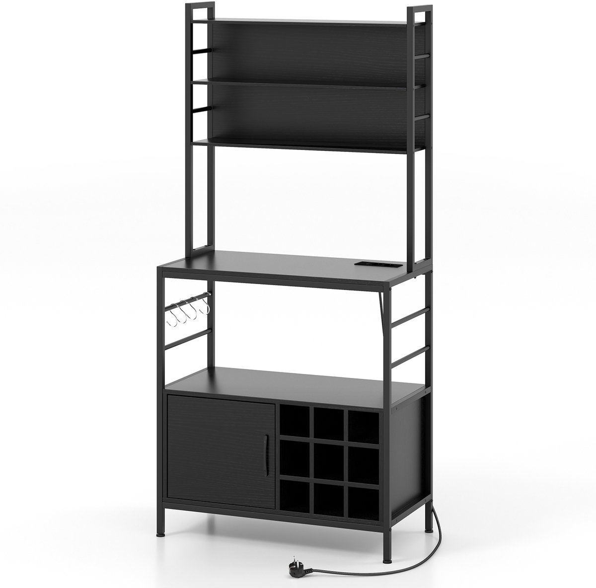 COSTWAY Keukenrek met stopcontact, wijnrek voor 9 flessen, staand rek met kast, open planken en haken, magnetronrek met metalen frame, bakkersrek voor keuken, 80 x 40 x 170 cm (zwart)