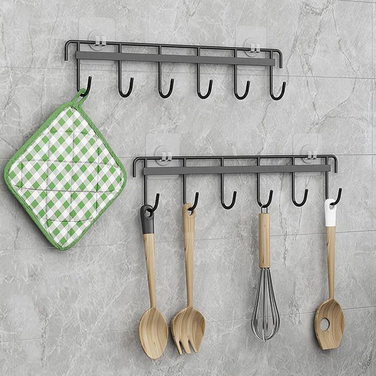 Qinsky Keukengerei hangers met 6 haken, 2 stuks wandmontage gebruiksvoorwerp rail rek ruimtebesparend wandgebruiksvoorwerp haken zonder boren muur hangers voor keuken badkamer woonkamer (zwart