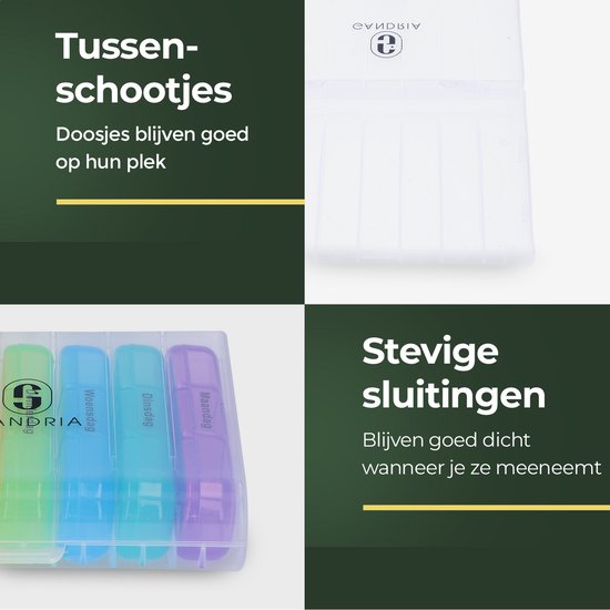 Gandria Pilulier 7 Jours - Pilulier Amovible - Boîte à Médicaments avec 21 Compartiments - Boîte à Médicaments avec Fermeture Robuste - 3 Compartiments par Jour - 7 Couleurs