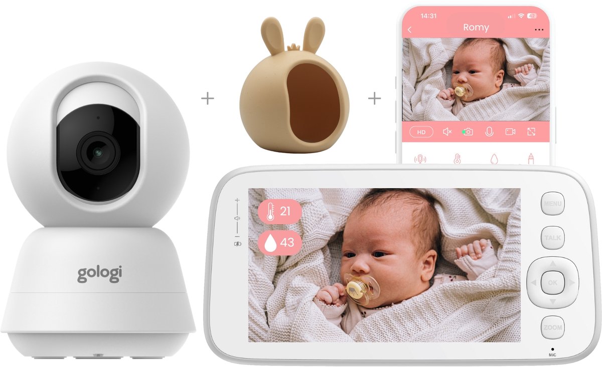 Gologi Babyfoon met Camera – Baby Monitor – Baby Camera - Op afstand bestuurbaar via App en Scherm - Wit