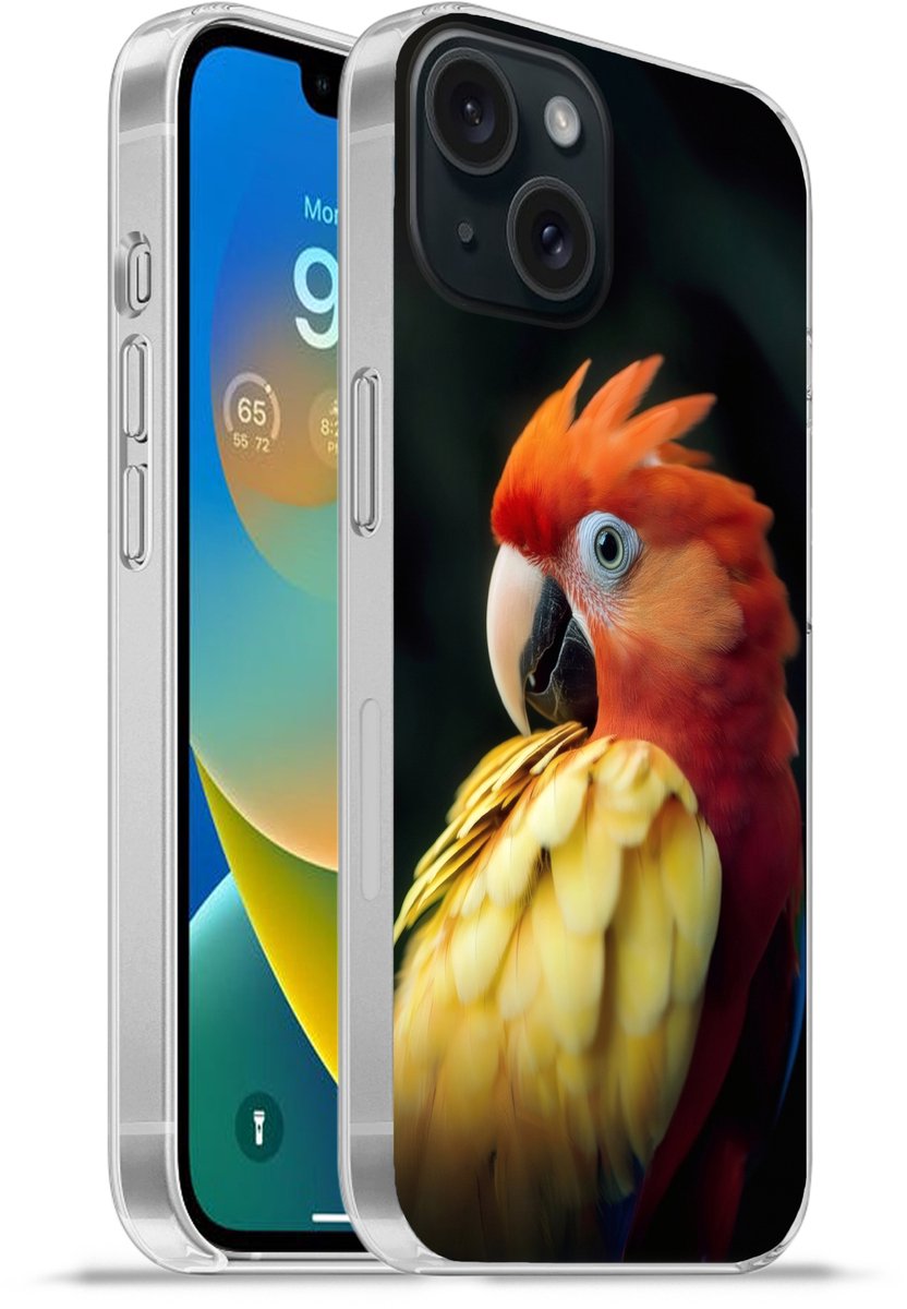 Telefoonhoesje Geschikt voor iPhone 15 hoesje - Close-up - Papegaai - Veren - Oranje - Siliconen Telefoonhoesje Telefoonhoesje