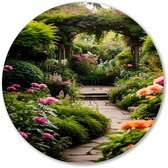Weelderige tuin vol bloemenpracht - Tuin rond schilderij - Ronde wandprint bloemen - Impressionisme - Metalen muurcirkel - Decoratie kamer - muurcirkel aluminium 60x60 cm