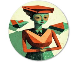 Geometrisch portret in art deco-stijl - Vrouw muurdecoratie rond - Wandobject rond portret - Kubisme - Dibond wandcirkel - Woonkamer decoratie - muurcirkel aluminium 90x90 cm