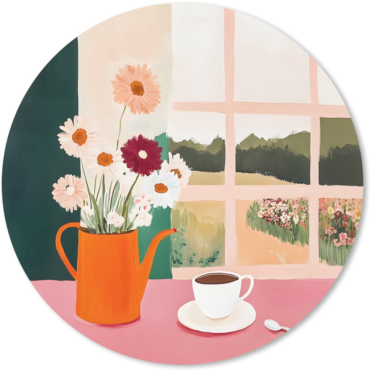 Muismat rond 50x50 cm - Mousepad Bloemen - Koffie - Raam - Ronde muismatten