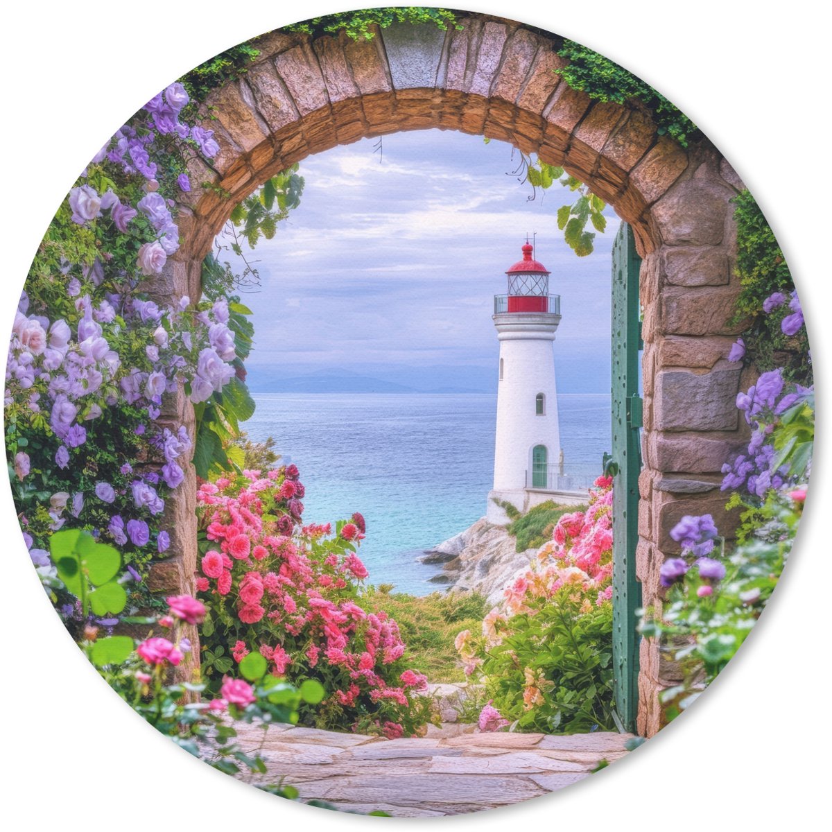 Muismat rond 20x20 cm - Mousepad Doorkijk - Vuurtoren - Bloemen - Uitzicht - Ronde muismatten