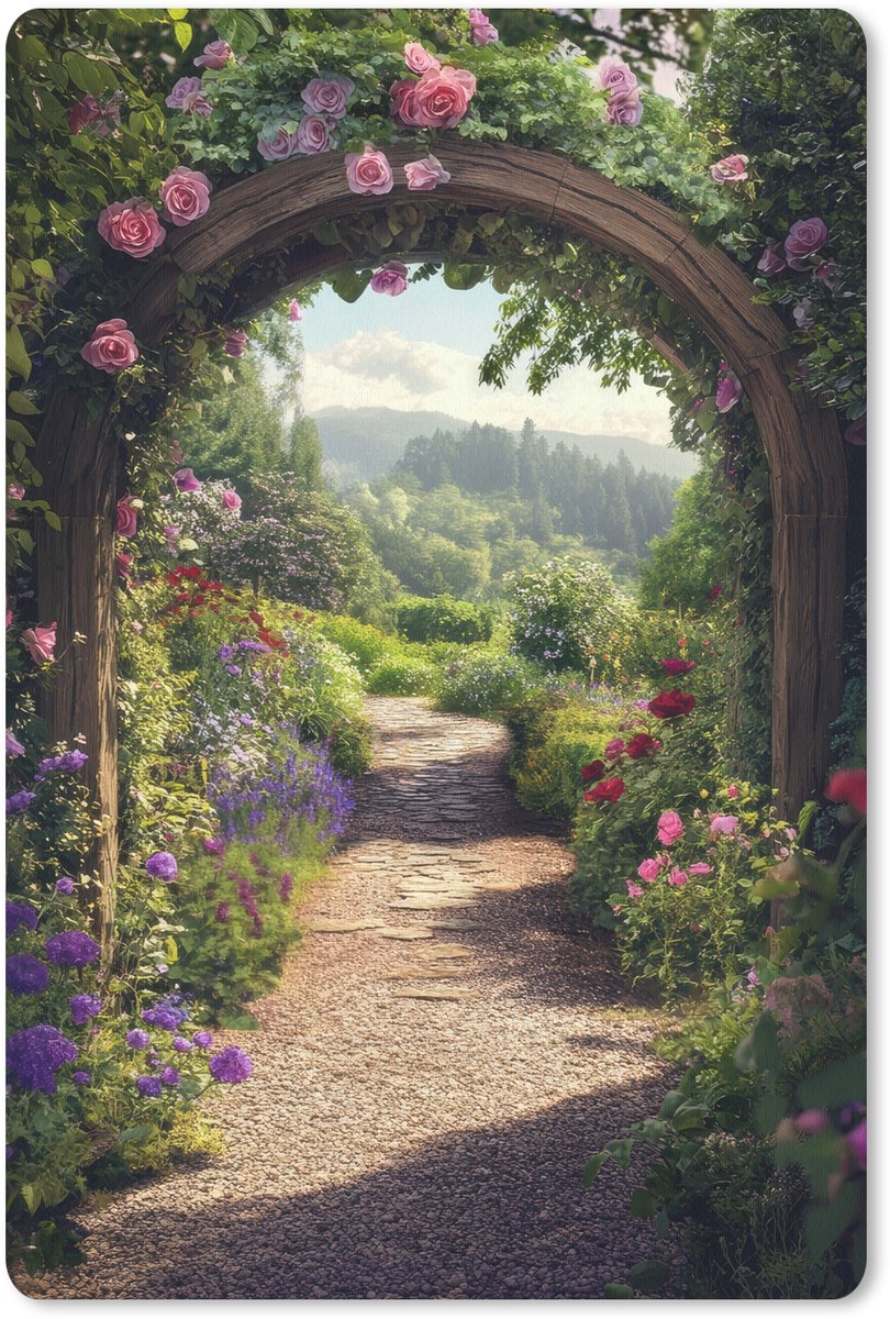 Muismat 18x27 cm - Mousepad Doorkijk - Landschap - Bloemen - Rozenboog - Natuur - Muismatten