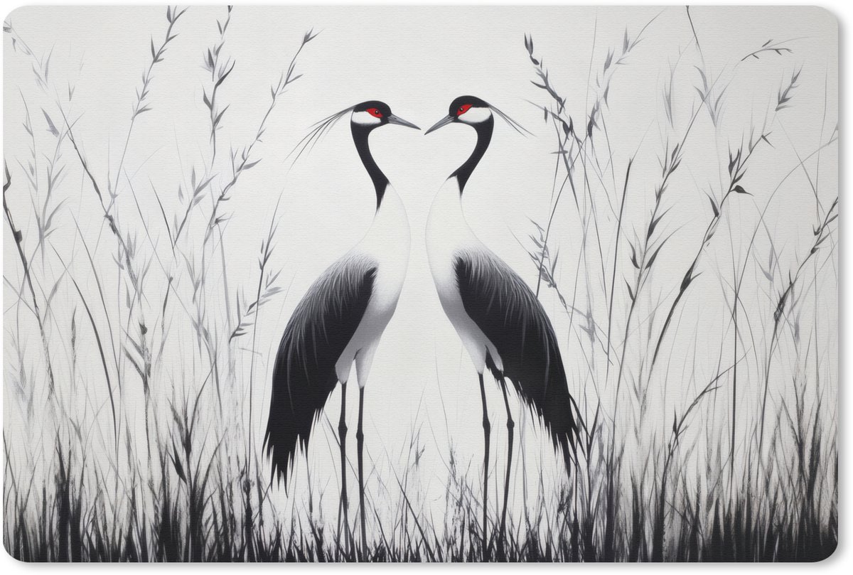 Muismat 27x18 cm - Mousepad Kraanvogels - Gras - Hartvorm - Zwart - Muismatten