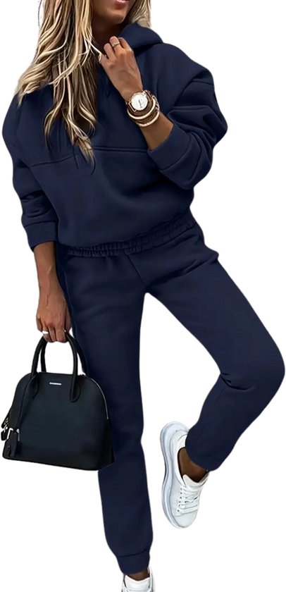 Livano Joggingpak Dames - Huispak - Trainingspak - Volwassenen - Capuchon - Jogging Pak - Joggingbroeken - Broek - Hoodie - Marineblauw - Maat XL
