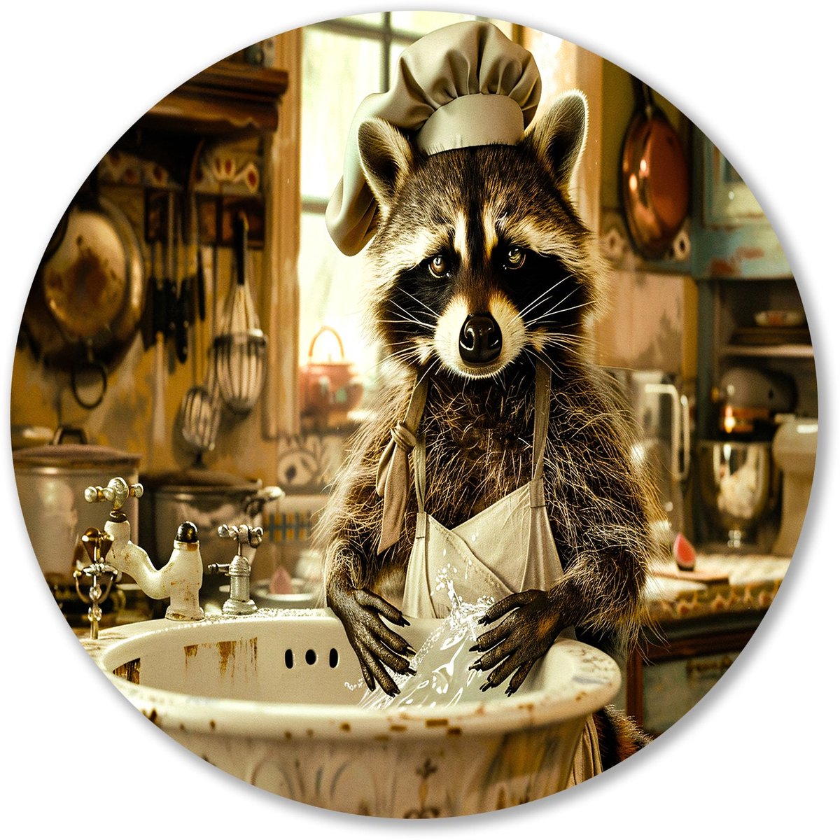 Wasbeer met humoristische keukenstijl - Wasbeer muurcirkel - Rond kunstwerk wasbak - Surre