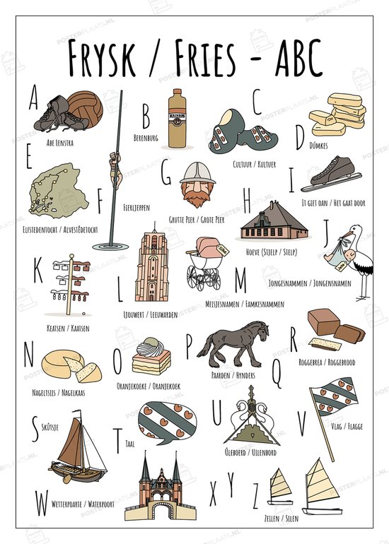 ABC Ansichtkaart Fryslân / Friesland - Set van 4 Stuks - A6 Kaarten (10,5 x 14,8 cm) - Fries Souvenir & Cadeau - Handgetekende Illustraties - Woondecoratie - Relatiegeschenk