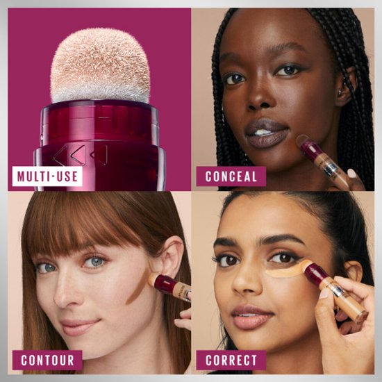 Collage: sponsapplicator, huid camoufleren, contour aanbrengen, donkere kringen corrigeren.