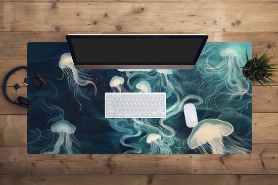 Muismat XXL 120x60 cm - Bureau onderlegger - Bureau mat Kwallen - Zee - Wit - Golven - Bureaumat - Gaming mousepad xl - Bureaulegger groot - Computer deskmat