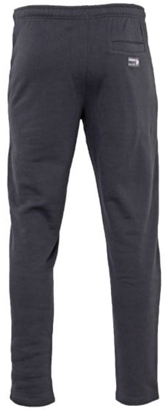 Achterkant van een donkergrijze joggingbroek met rechte pijpen.