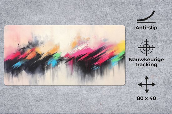 Abstracte, kleurrijke muismat met rode, blauwe, roze, gele en zwarte verfstreken op een lichte ondergrond. Afmeting 80x40 cm.