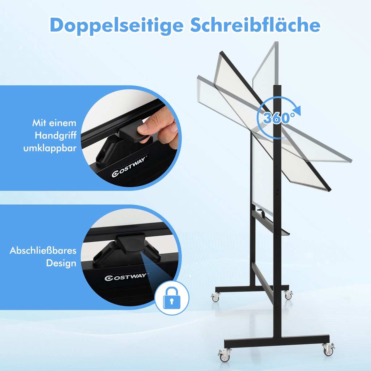 COSTWAY Mobiel whiteboard met standaard, 90 x 120 cm, dubbelzijdig magneetbord, in hoogte verstelbaar en 360° draaibaar, magnetisch whiteboard met wielen, whiteboard, afwasbaar, beschrijfbaar, incl. thumbnail 3
