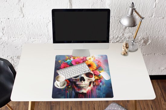 Muismat XXL 60x60 cm - Bureau onderlegger - Bureau mat Schedel - Bloemen - Doodshoofd - Kleurrijk - Bureaumat - Gaming mousepad xl - Bureaulegger groot - Computer deskmat