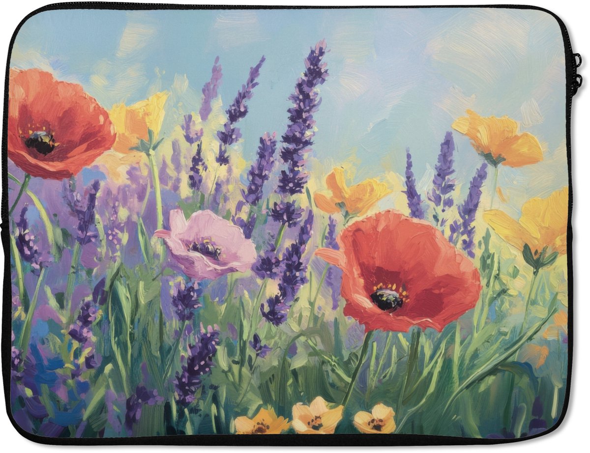 Laptophoes 15.6 inch - Weide - Bloemen - Kleurrijk - Laptop sleeve - Binnenmaat 37x26 cm - Zwarte achterkant