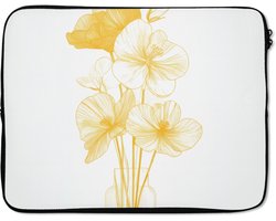 Laptophoes 15.6 inch - Lijntekening - Bloemen - Geel - Vaas - Laptop sleeve - Binnenmaat 37x26 cm - Zwarte achterkant