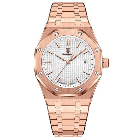 Roségouden horloge met witte wijzerplaat, datumvenster en metalen band.