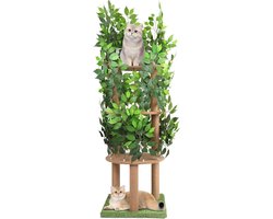 Kattenboom met bladeren en kattenactiviteiten voor binnenkatten met meerdere niveaus