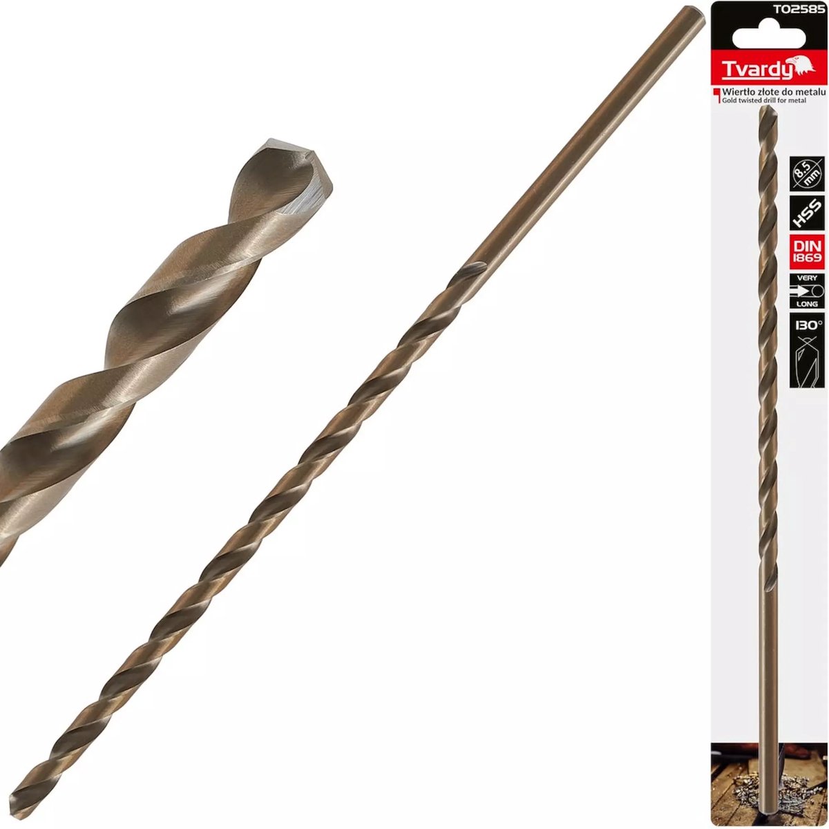 Tvardy HSS DIN1869 - Lange metaalboor - 8.5 mm - 305 mm - Goudkleurig - Voor diepboren