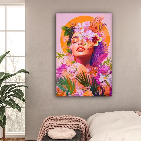 Tableau sur toile 80x120 cm - Décoration murale exclusive Femme - Abstrait - Cercle - Fleurs - Décoration murale salon - Décoration chambre - Accessoires chambre - Peintures sur toile