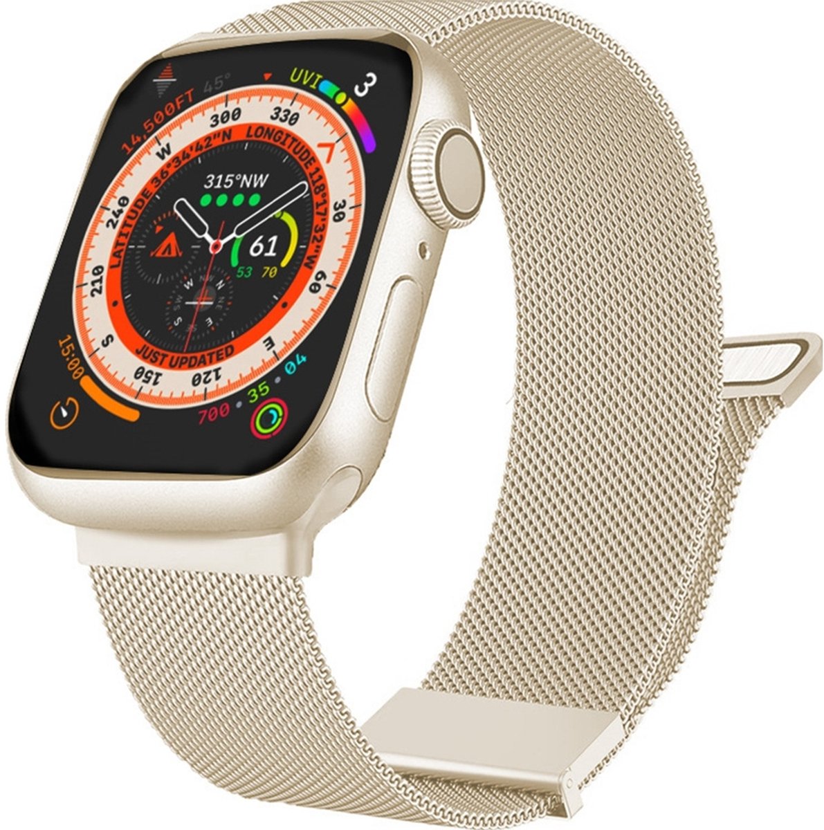Mobigear Milanese Watch bandje geschikt voor Apple Watch Bandje Magneetsluiting | Mobigear Luxury Loop - 49/46/45/44 mm - Sterrenlicht