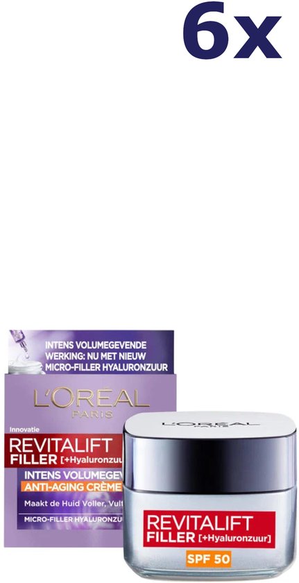 Verpakking en potje L'Oréal Revitalift Filler Anti-Aging Crème SPF 50. Tekst '6x'.