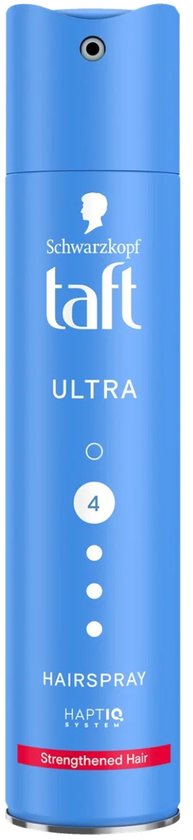Blauwe spuitbus met de tekst Taft Ultra Hairspray en "Strengthened Hair" in rood.