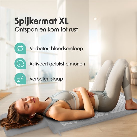LifeGoods Acupressuur Mat XL - 128x48x2cm - Spijkermat met Kussen - Shakti mat - Spijkerbed Incl. 2x Triggerpoint Bal - Grijs/Wit